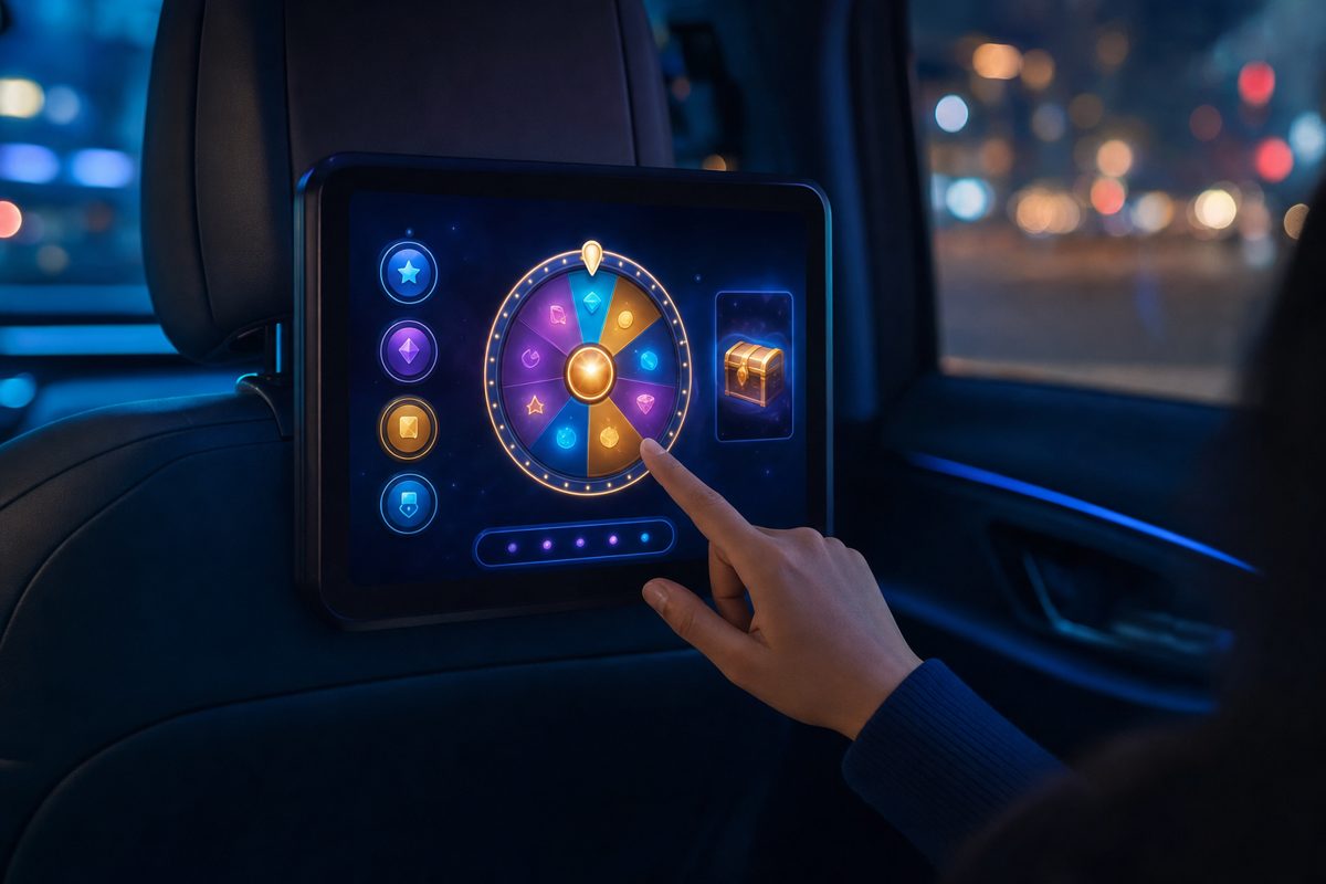 A passenger tapping an interactive spin-to-win game on an in-ride tablet screen