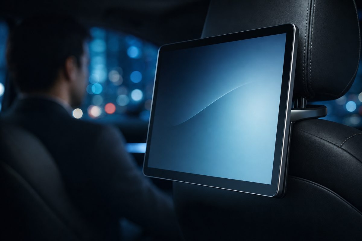 A premium in-ride tablet screen mounted on a car headrest at night